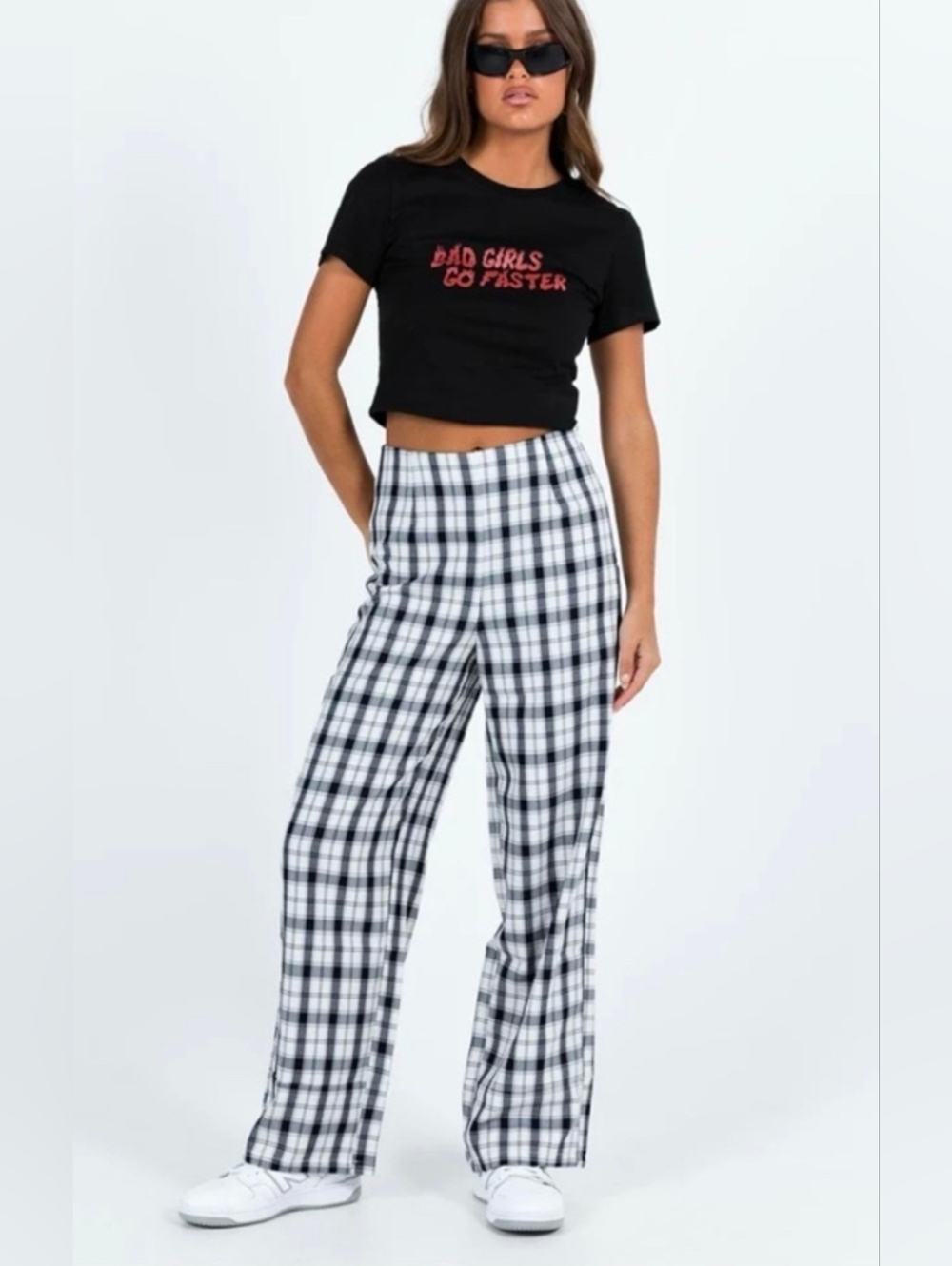 Princess Polly Black & White Plaid Wide-Leg Pants Size 4